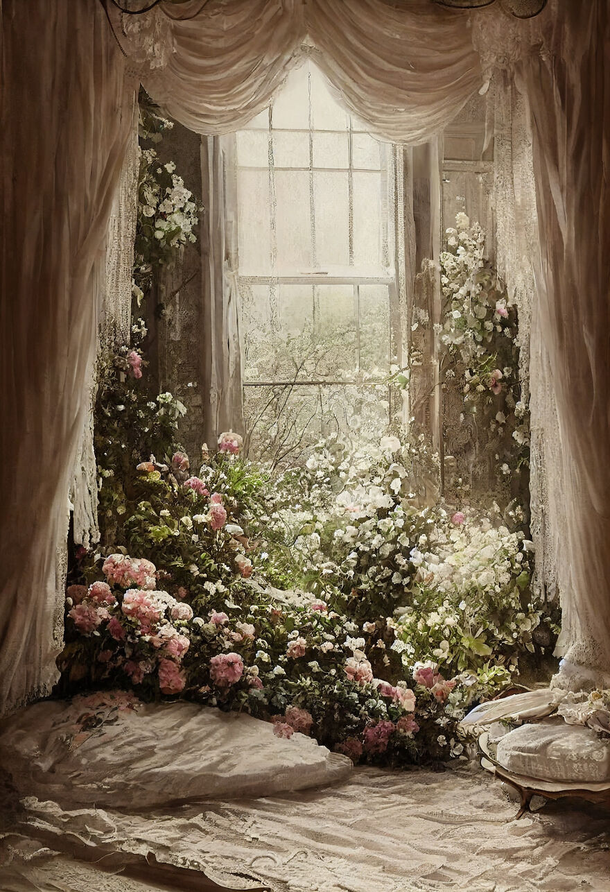 Dream world scene with blooming flowers inside a vintage room, illuminated by soft natural light through a large window.