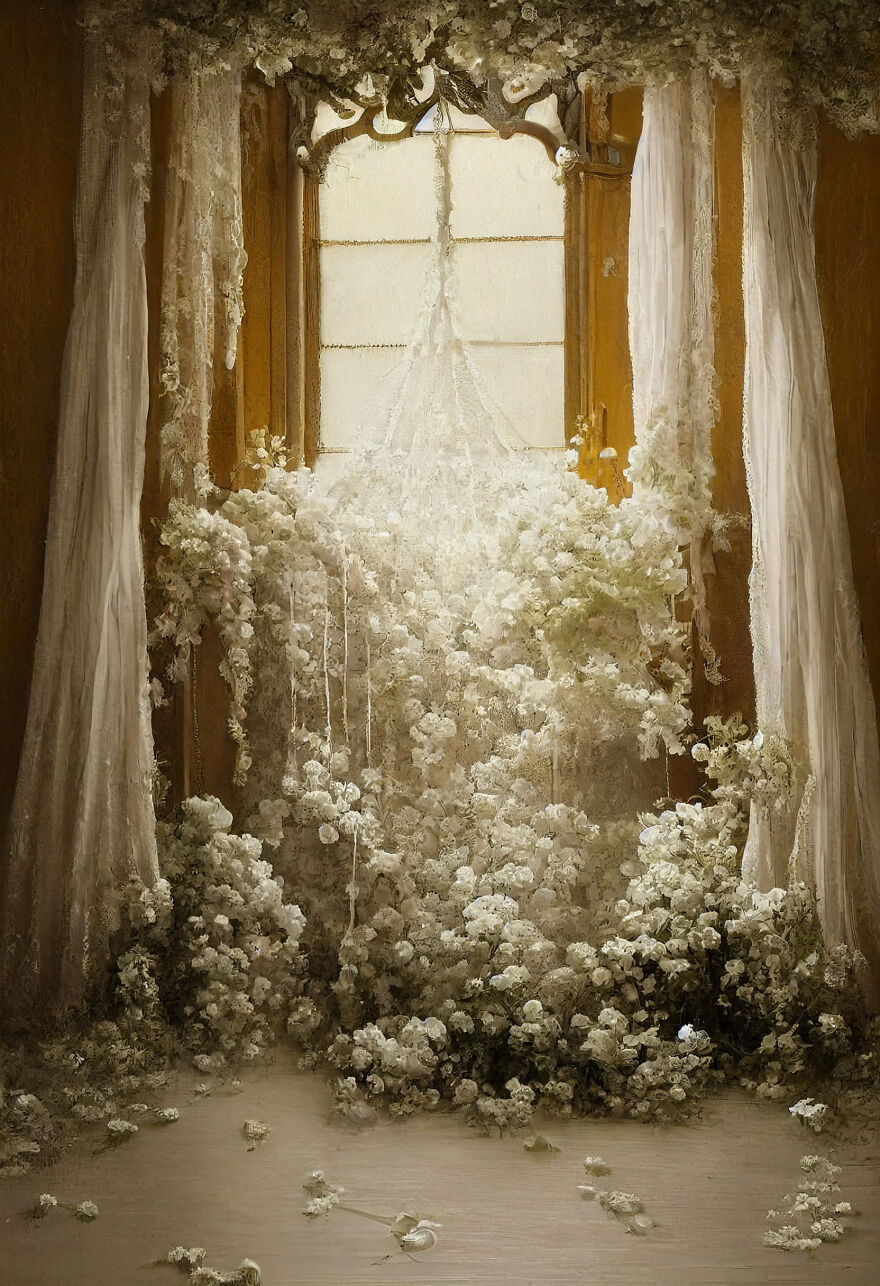 Dream world scene with cascading white flowers filling a vintage room, creating a most beautiful AI-generated image.
