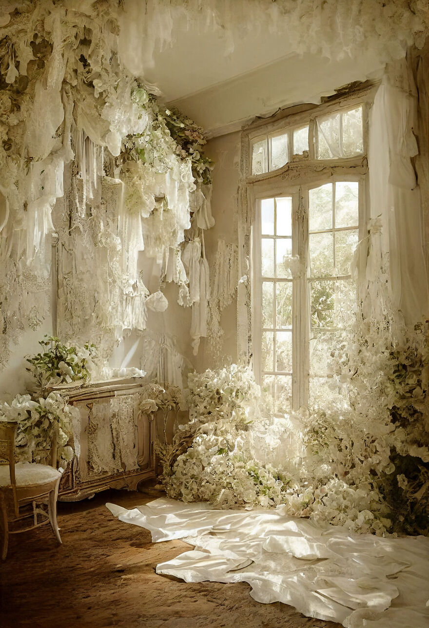 Dream world scene filled with delicate white lace, flowers, and soft sunlight streaming through vintage windows.
