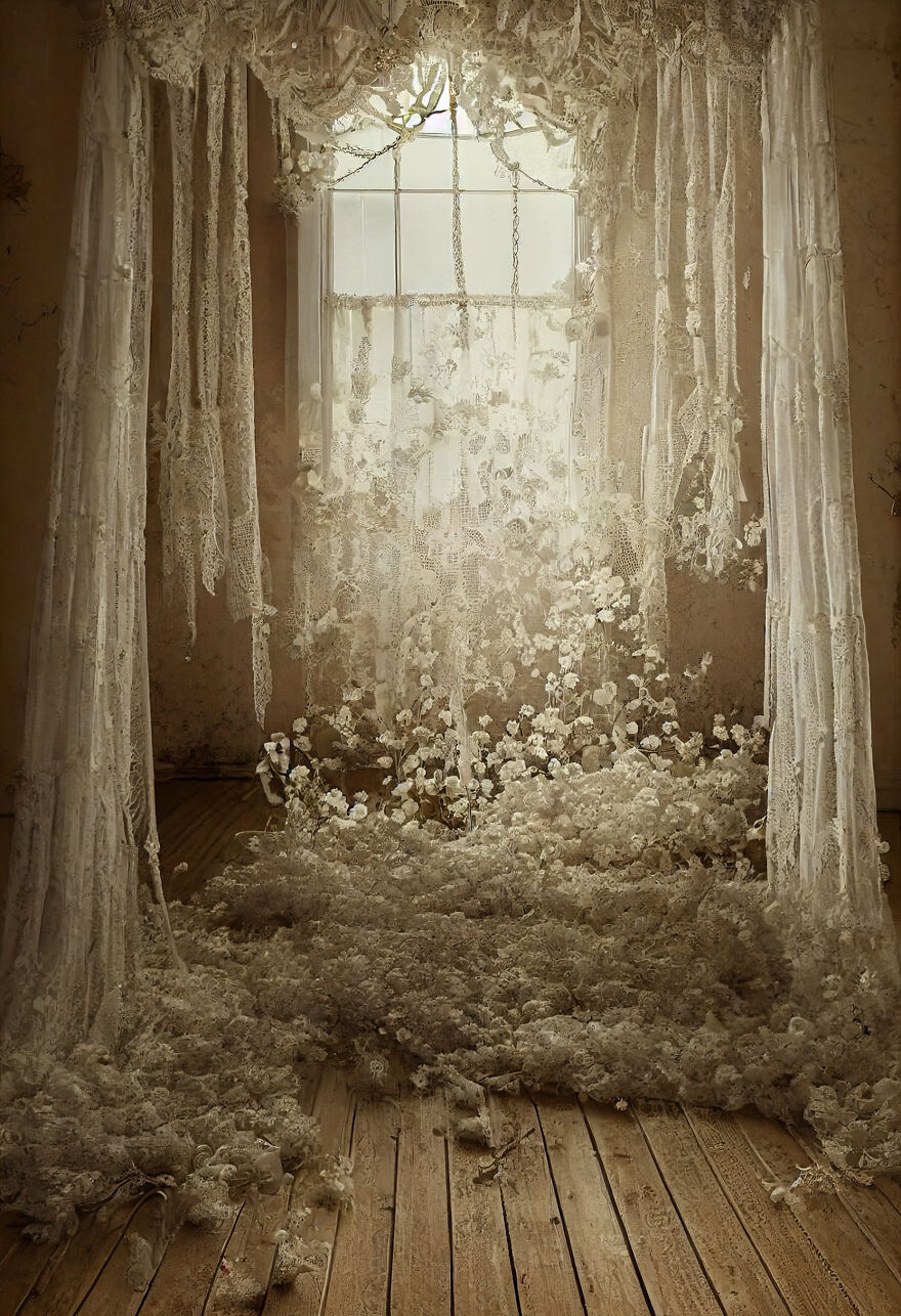 Delicate lace curtains and flowers fill a rustic room, creating a dream world scene inspired by AI exploration.