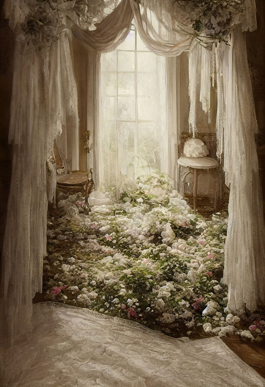 Dream world scene with vintage furniture and floral carpet in a softly lit, lace-draped room created using AI.
