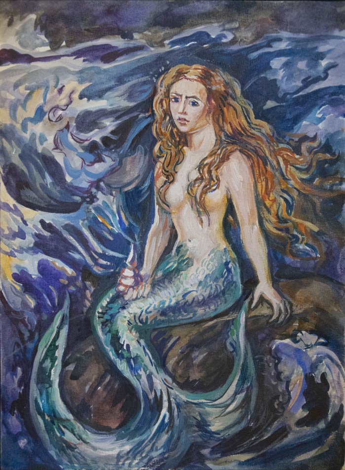 Painting of a Mermaid on a rock in the sea 