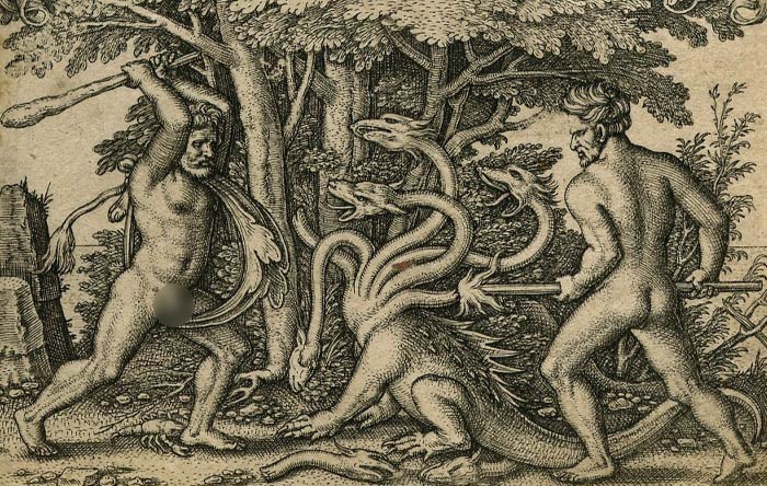 Painting of a two men attacking a Hydra 