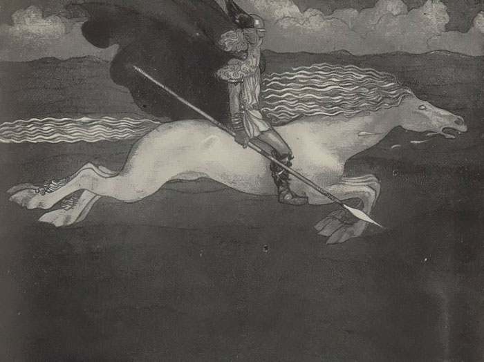 Painting of a knight on a Sleipnir horse 