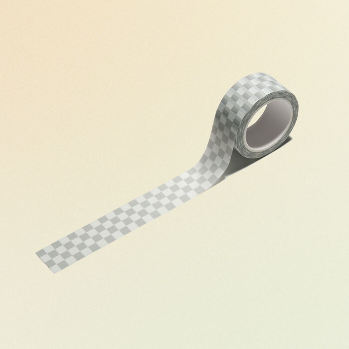 Unusual and conceptual product design featuring a roll of tape with a checkerboard pattern on a light background.