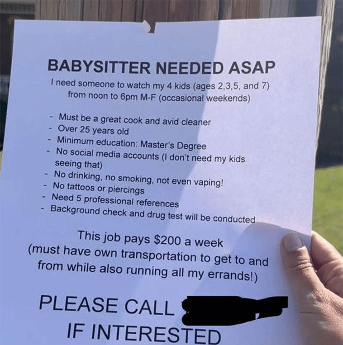 "With All Due Disrespect, Go To Hell": People Roast These Delusional Demands A Parent Has For Their Babysitter While Only Paying Them $200 A Week "With All Due Disrespect, Go To Hell": People Roast These Delusional Demands A Parent Has For Their Babysitter While Only Paying Them $200 A Week