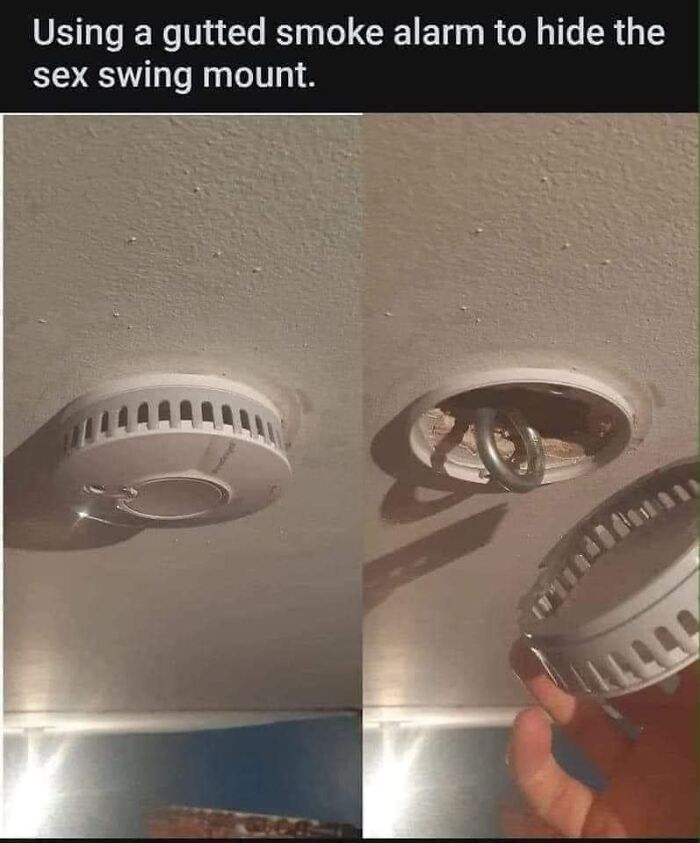 Gutted smoke alarm used to hide a mount, showcasing creative disregard for OSHA safety regulations.