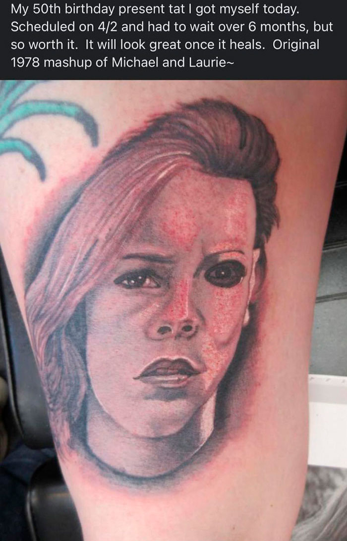 Poor tattoo of a person's face, shared on Facebook group showcasing tattoo fails.