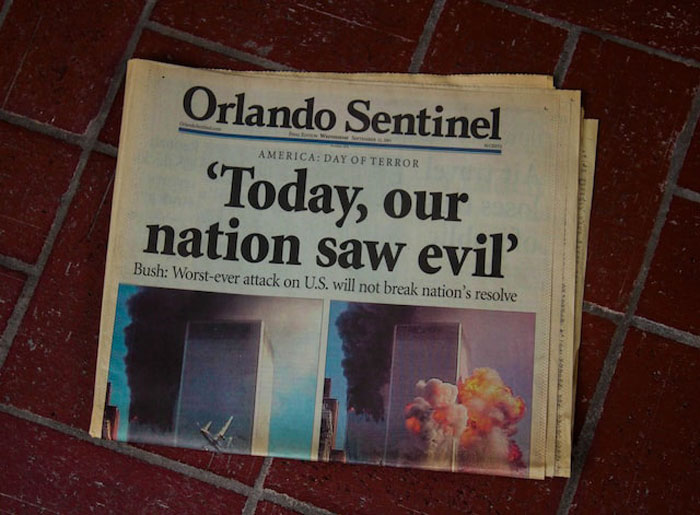 Newspaper showing 9/11 terrorist attack headline, illustrating one of the worst birthdays ever shared in an online thread.