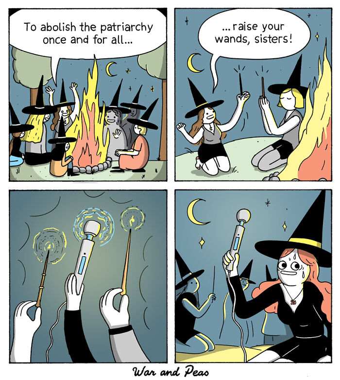 Comic panel showing witches by a campfire raising magic wands, illustrating comics with unexpected plot twists and endings.