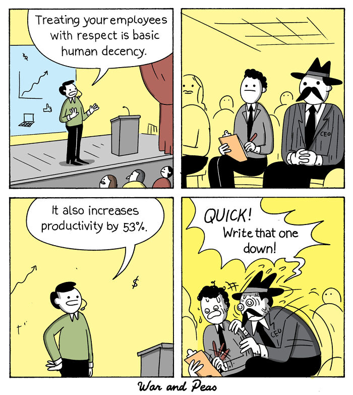 Comic strip showing unexpected plot twist in a workplace scene highlighting respect and productivity with humorous ending.