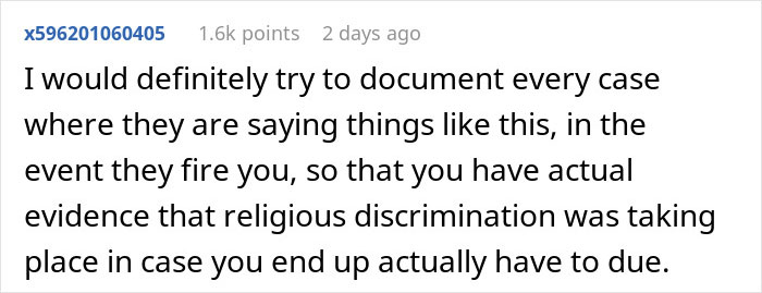 Text from a user discussing religious discrimination related to an employee's tattoo idea. Text from a user discussing religious discrimination related to an employee's tattoo idea.