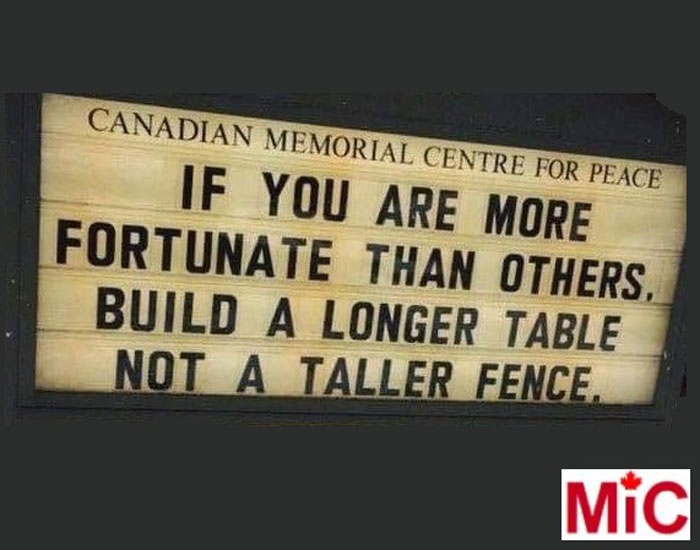 Sign at Canadian Memorial Centre for Peace with quote about generosity, reflecting Canadian ideals.
