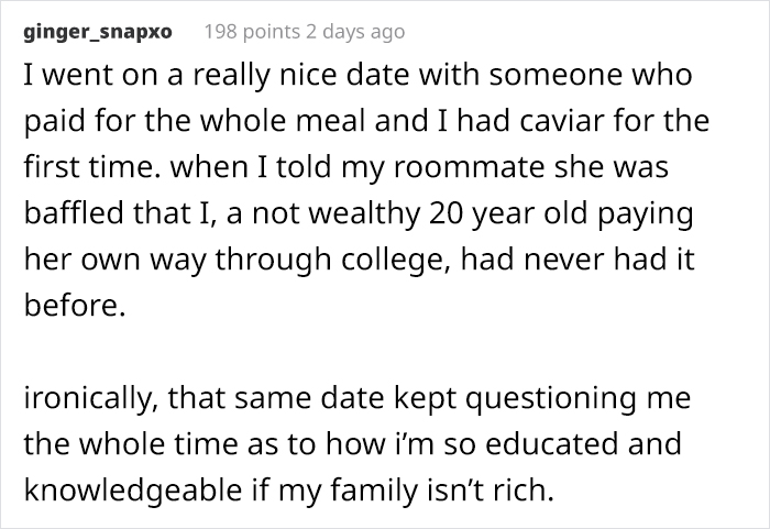 Text post about a privileged date involving caviar, highlighting how disconnected privileged people are from reality.