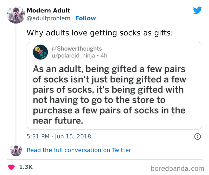 Tweet about adulting explains why receiving socks as gifts is appreciated by adults, highlighting everyday adulting struggles.