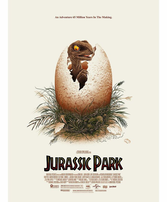 Reimagined famous movie poster of Jurassic Park featuring a baby dinosaur hatching from an egg in grass.