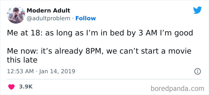 Tweet about adulting humor: comparing staying up late at 18 versus prioritizing early bedtime as an adult.