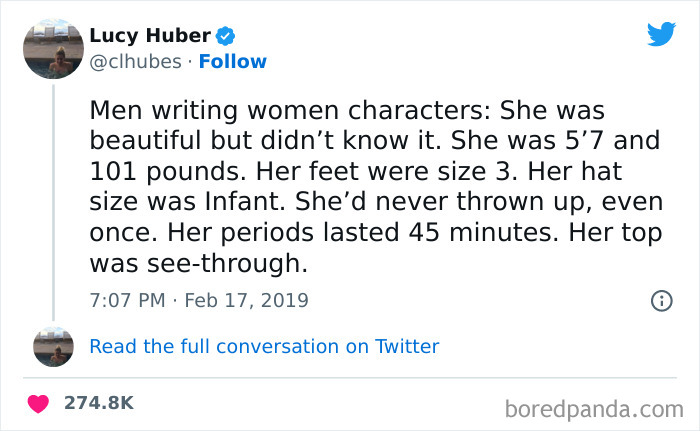 Tweet humorously describing how men write women characters with overly specific and inaccurate details, funny tweets from women.