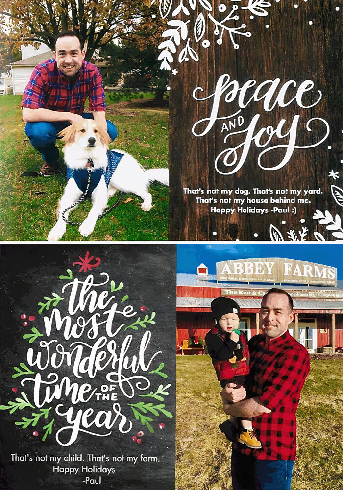 Funny Christmas cards with a man posing with a dog and a child, humorously wishing peace and joy, and a wonderful time.