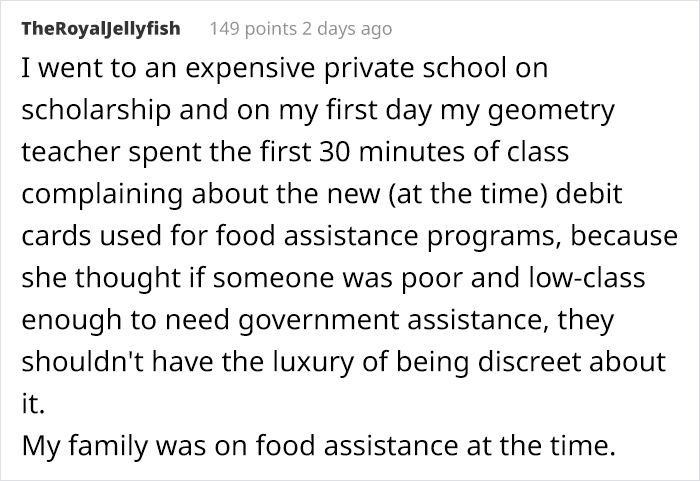 Comment highlighting privileged disconnection from reality about government assistance and food aid programs.