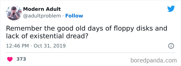 Tweet by Modern Adult joking about floppy disks and existential dread, highlighting relatable adulting struggles and humor.