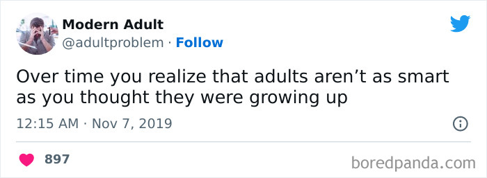 Tweet by Modern Adult humorously reflecting on adulting struggles, highlighting relatable moments about growing up and adulthood challenges.