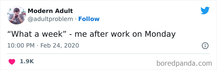 Tweet from Modern Adult about adulting struggles after work on Monday, reflecting painfully funny posts about adulting.