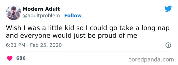 Tweet about adulting expressing the wish to nap like a kid and be proud, showing relatable adulting struggles.