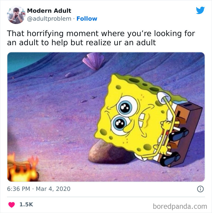SpongeBob looking worried near a campfire, illustrating a painfully funny adulting moment feeling lost and alone.