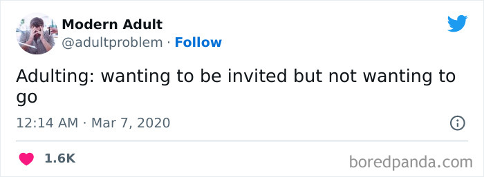 Tweet from Modern Adult humorously defining adulting as wanting to be invited but not wanting to go, highlighting adulting struggles.