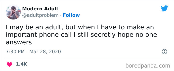 Tweet from Modern Adult about adulting fears of making important phone calls, illustrating relatable adulting struggles.