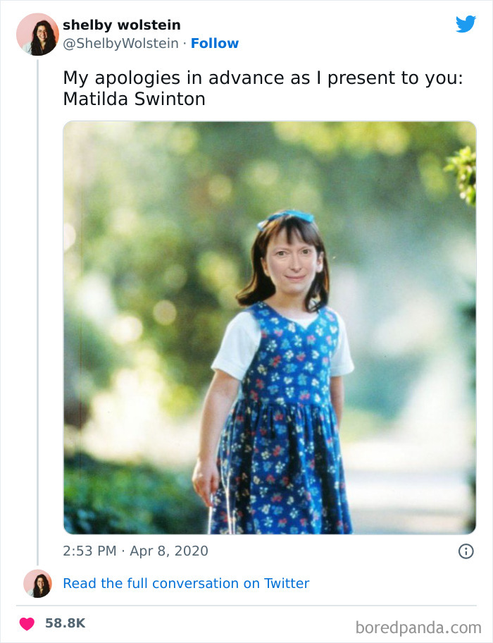 Tweet from woman humorously edited with an adult female face on a child’s body in a blue floral dress, funny tweets from women.