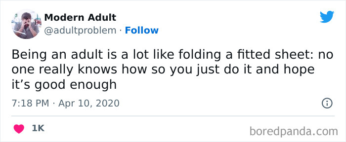 Tweet about adulting comparing it to folding a fitted sheet, highlighting the humor and struggle of adult responsibilities.