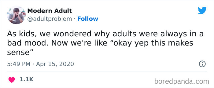 Tweet from Modern Adult about adulting struggles, highlighting the humor and reality of growing up and managing moods.