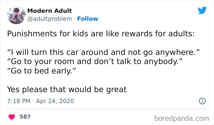 Tweet about adulting humor comparing kid punishments to adult rewards, highlighting amusing adulting struggles.