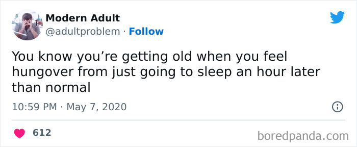 Tweet from Modern Adult about feeling hungover from sleeping an hour later, reflecting adulting humor and relatable struggles.