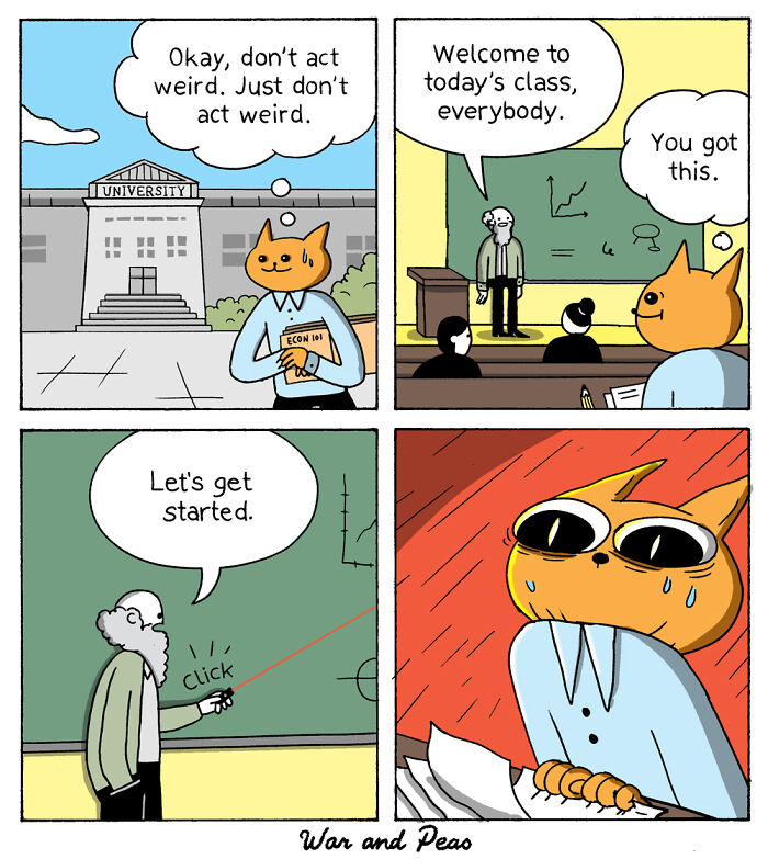 Comic with unexpected plot twists showing an anxious cat student at university facing a challenging class lecture.