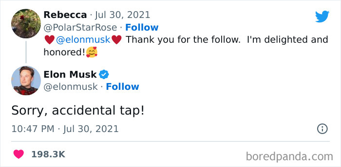 Embarrassing cringe pic showing a Twitter exchange between a fan and a public figure with a follow mistake.