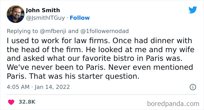 Screenshot of a tweet illustrating disconnected privileged people saying ridiculous things about Paris and bistro preferences.