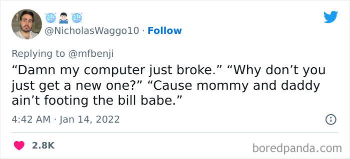 Tweet screenshot showing a privileged comment about buying a new computer, illustrating disconnected privileged statements.