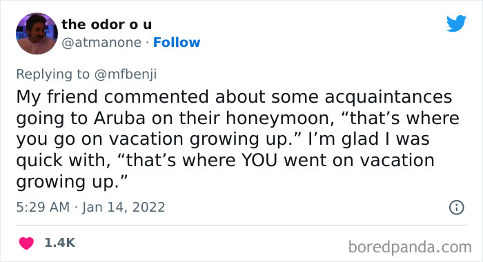 Tweet showing a privileged comment about honeymoon vacations, highlighting the disconnect from reality in statements by privileged people.