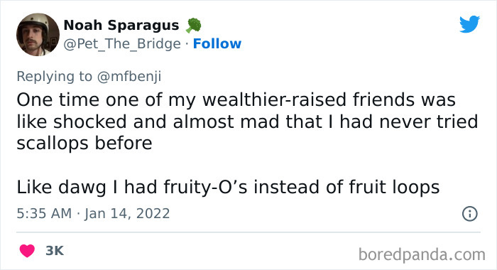 Tweet about privileged people shocked over scallops and cereal, highlighting how disconnected privileged people are from reality.