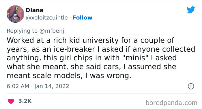 Screenshot of a tweet sharing a privileged perspective from a rich kid university highlighting social disconnect.