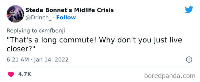 Screenshot of a tweet showing a privileged comment about long commutes highlighting disconnect from reality.