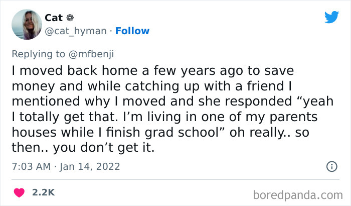 Tweet about moving back home to save money, showing privileged people’s disconnected views on reality and financial struggles.