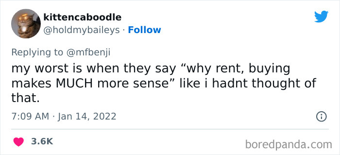 Tweet from a user sharing a disconnected privileged opinion about renting versus buying housing.
