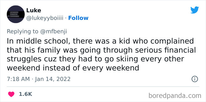 Screenshot of a tweet showing an example of privileged people’s ridiculous comments revealing their disconnection from reality.