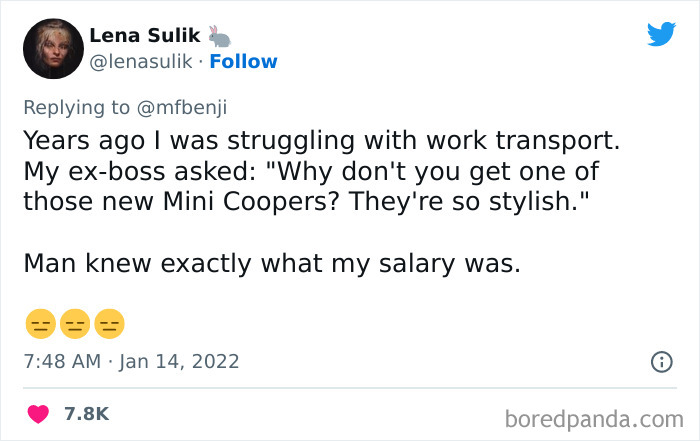 Tweet showing a privileged comment about buying stylish Mini Coopers, highlighting disconnection from reality and privilege.