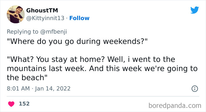 Tweet screenshot showing a privileged comment about weekend trips to the mountains and beach, highlighting disconnect from reality.