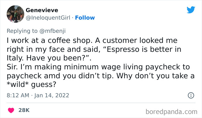 Tweet text showing a coffee shop worker highlighting privileged comments revealing disconnect from reality about minimum wage struggles.